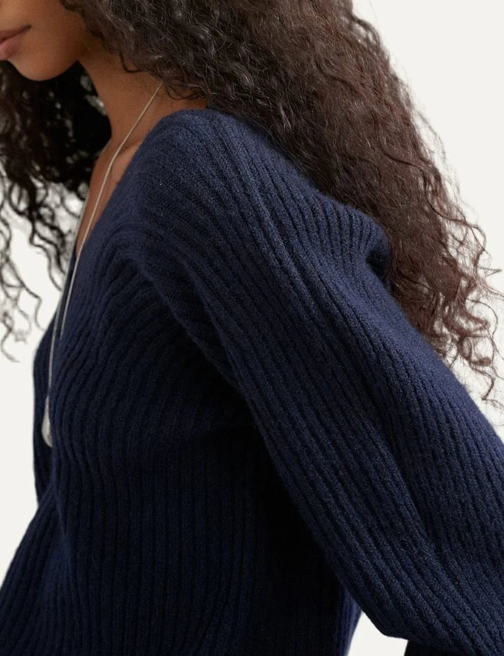 Topshop women's navy blue ribbed knit jumper with deep V-neck, dropped shoulders and long sleeves detail