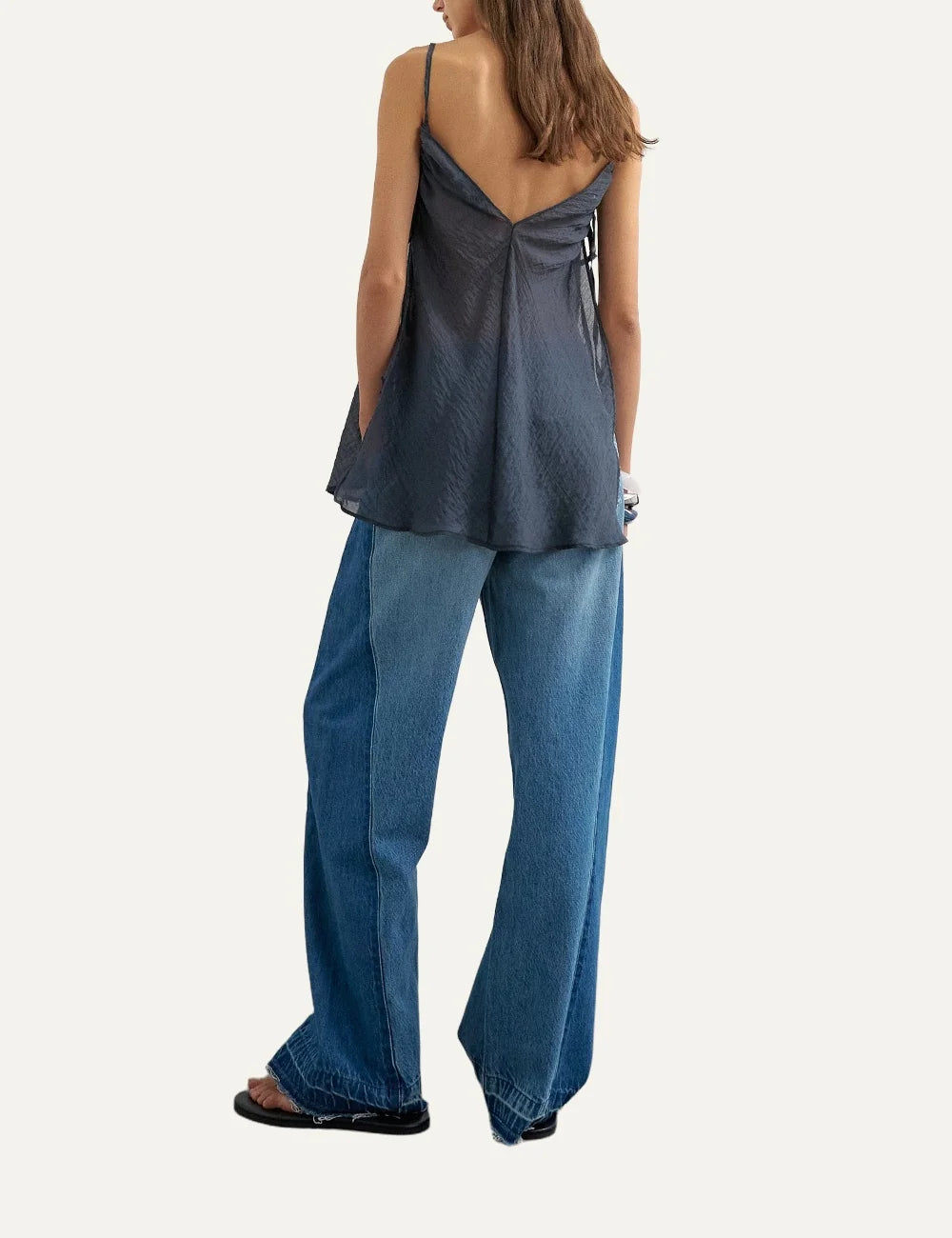 Topshop women's blue wide-leg jeans with contrasting dark blue side panels, faded wash and raw hems back