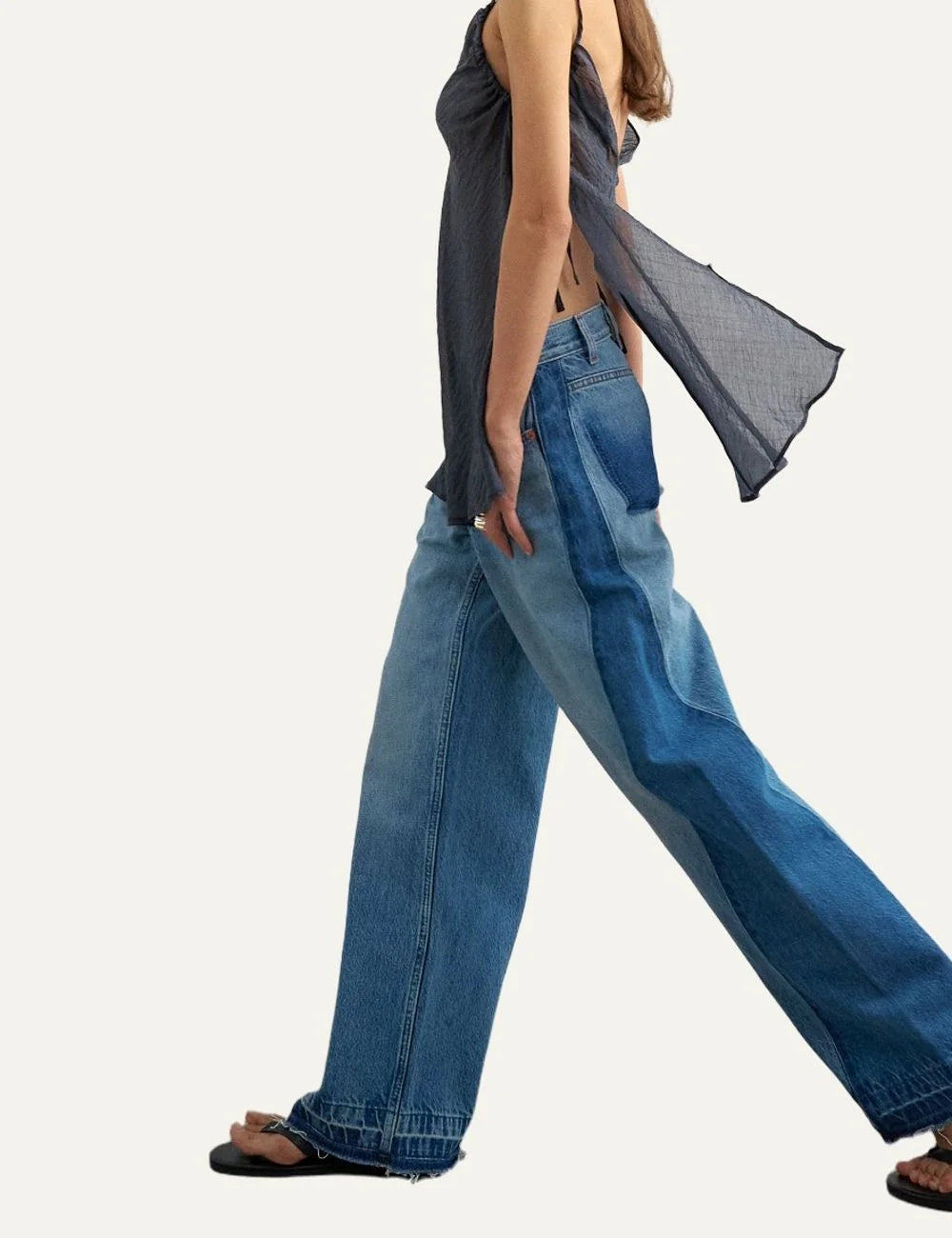 Topshop women's blue wide-leg jeans with contrasting dark blue side panels, faded wash and raw hems side