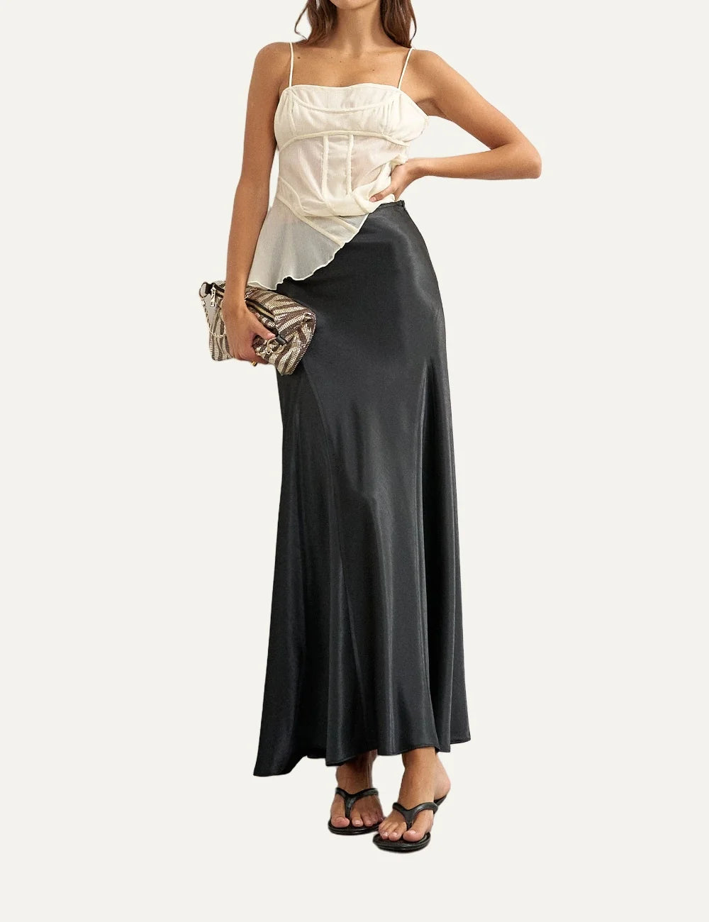Topshop women's black satin midi skirt with diagonal seam details and flared hem full body