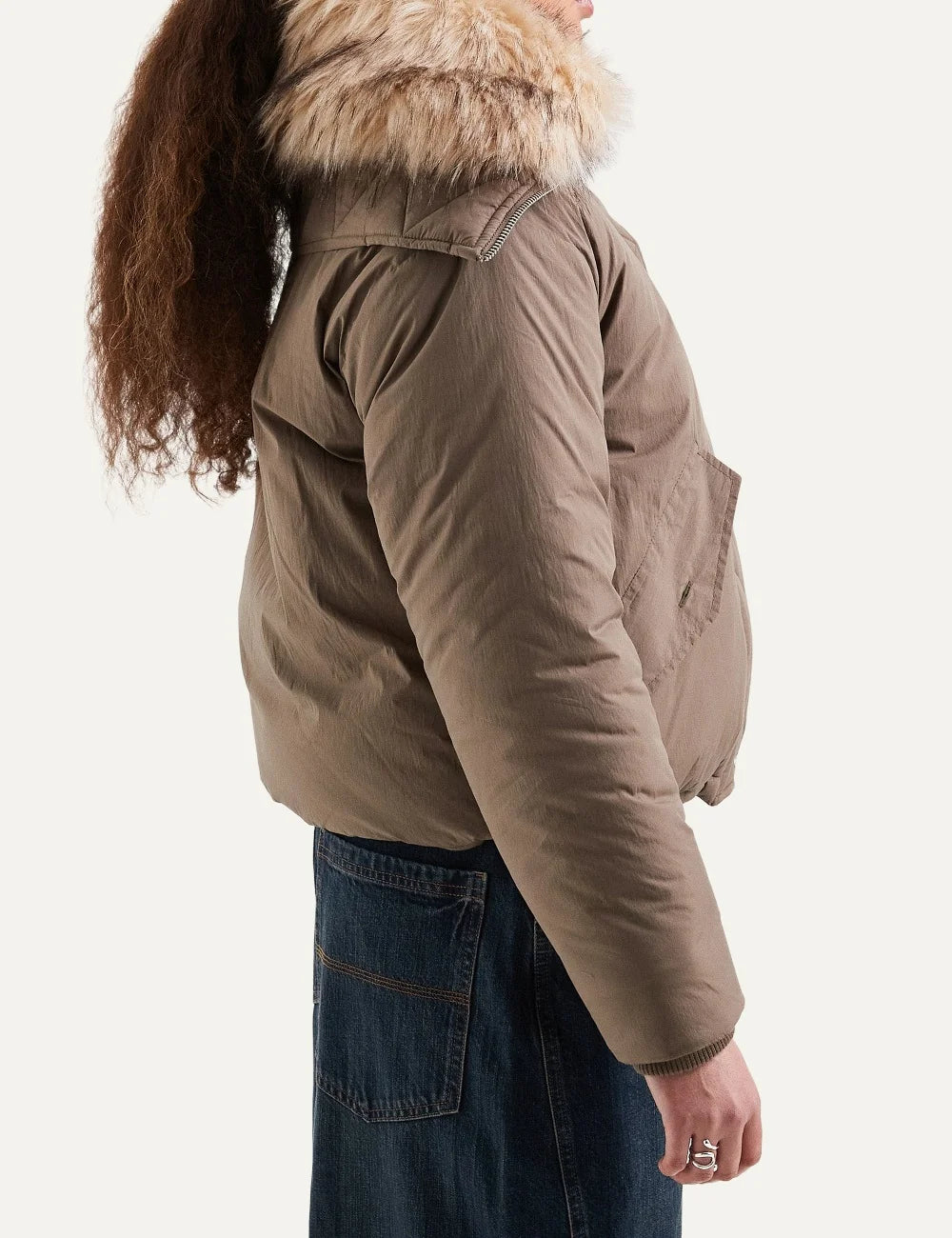Topshop women's brown cropped parka jacket with oversized faux fur collar, fur-trimmed hood and front flap pockets side