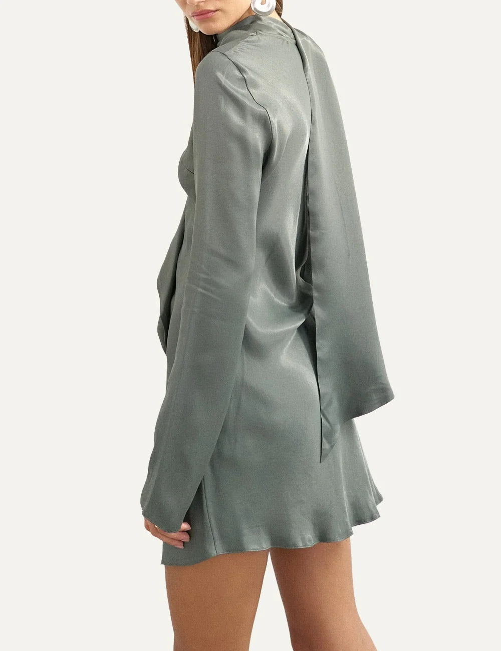 Topshop women's green satin mini dress with long sleeves, V-neckline, scarf detail and cascading front ruffles back