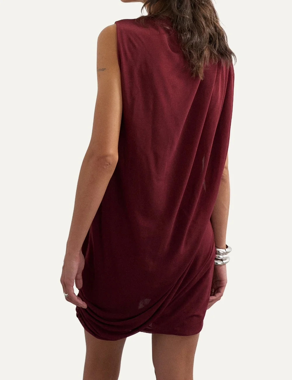 Topshop women's burgundy sleeveless mini dress with high neckline and draped front back