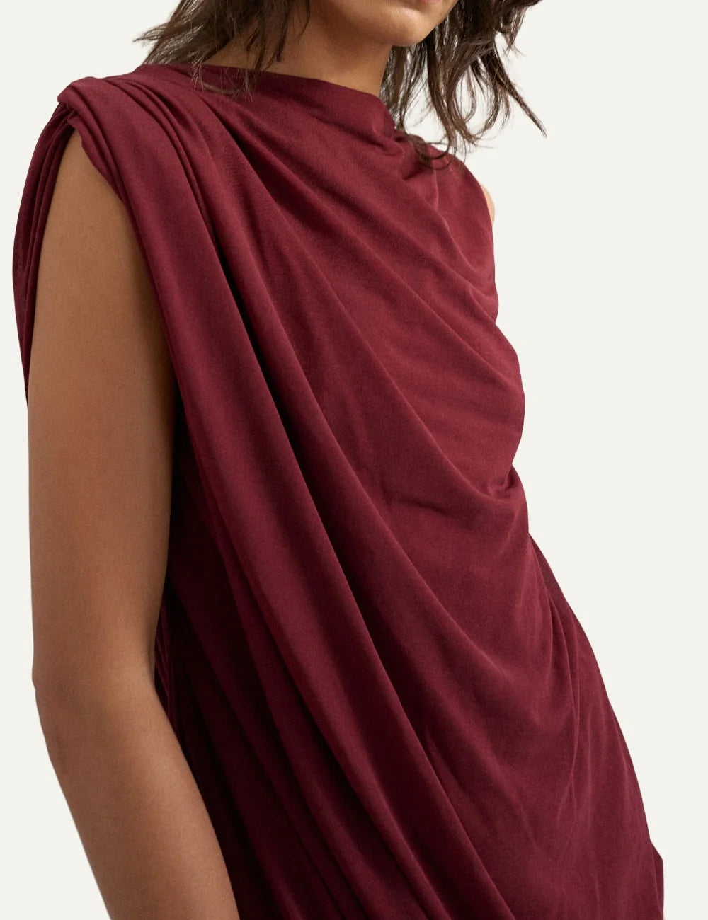 Topshop women's burgundy sleeveless mini dress with high neckline and draped front detail