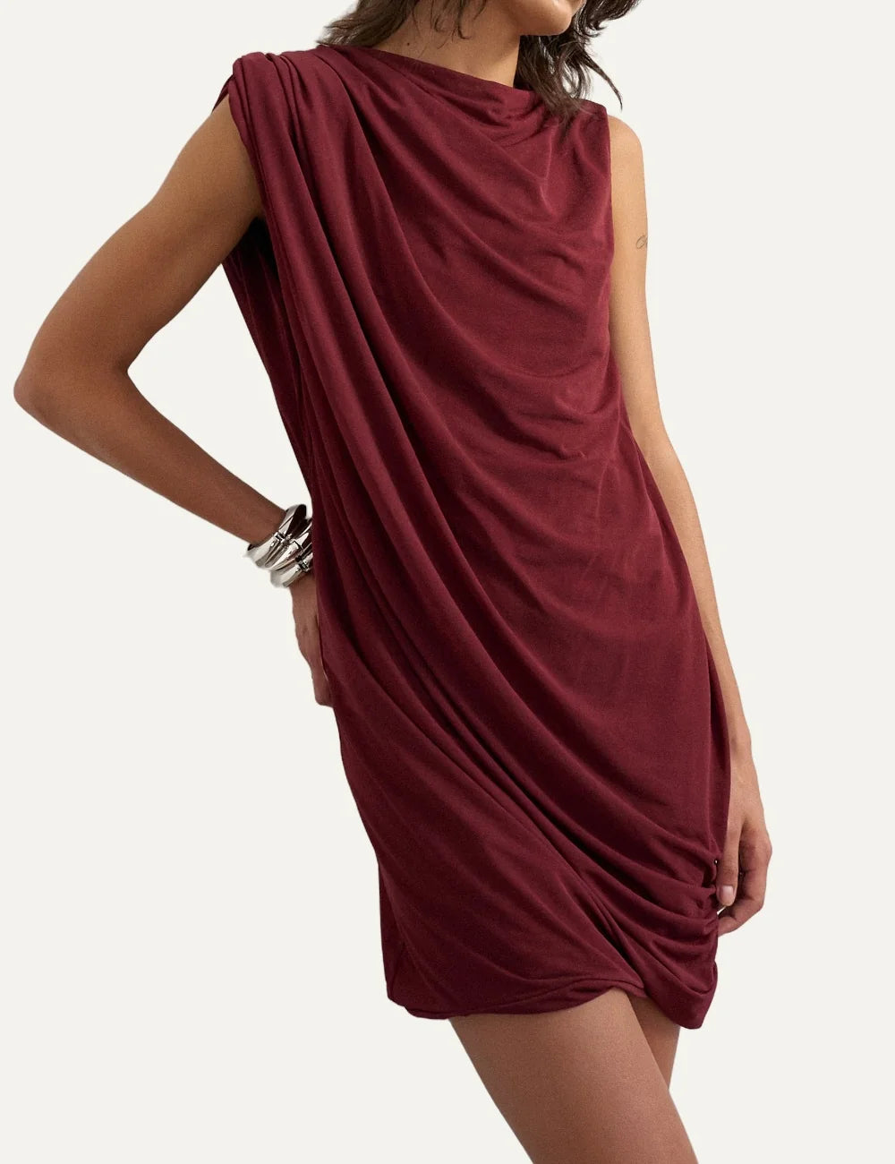 Topshop women's burgundy sleeveless mini dress with high neckline and draped front.