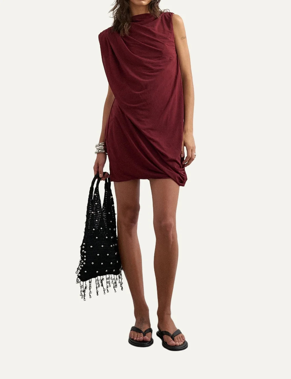Topshop women's burgundy sleeveless mini dress with high neckline and draped frontfull body
