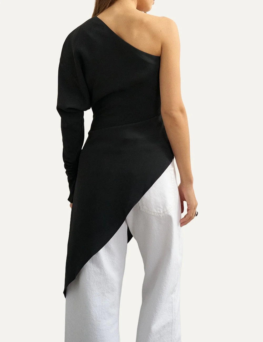 Topshop women's black one-shoulder tunic with a single long sleeve, draped front and asymmetric pointed hem back