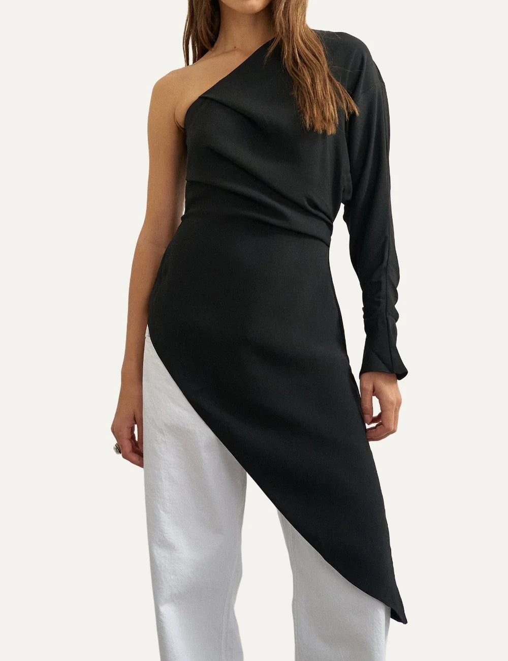 Topshop women's black one-shoulder tunic with a single long sleeve, draped front and asymmetric pointed hem.
