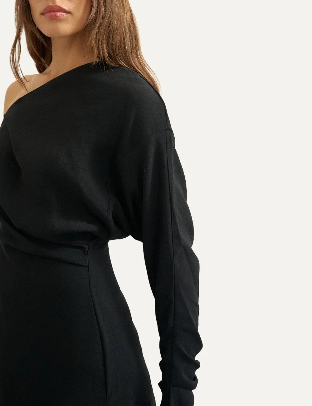 Topshop women's black one-shoulder tunic with a single long sleeve, draped front and asymmetric pointed hem detail