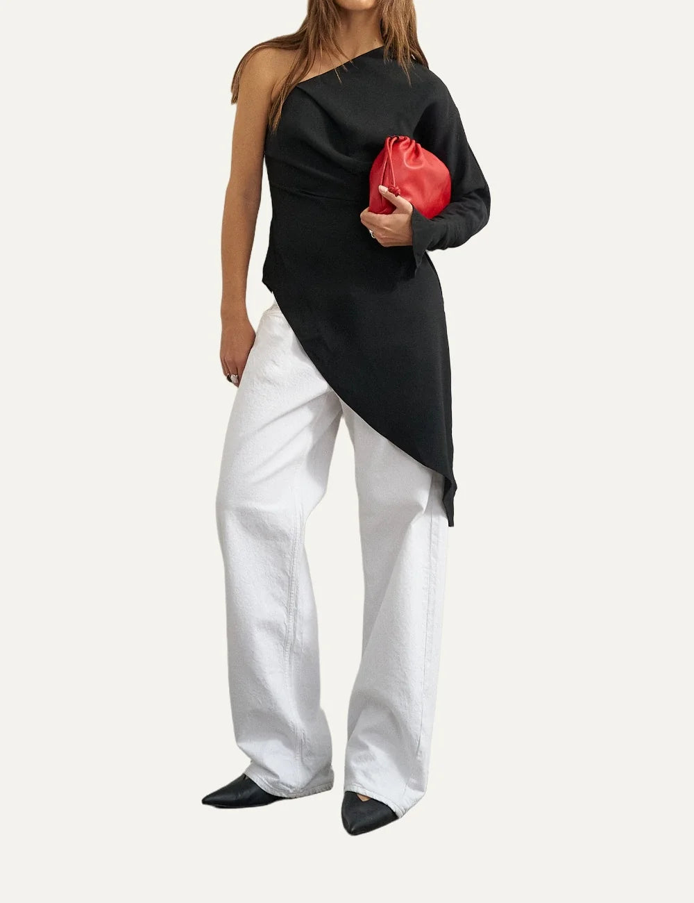 Topshop women's black one-shoulder tunic with a single long sleeve, draped front and asymmetric pointed hem full body