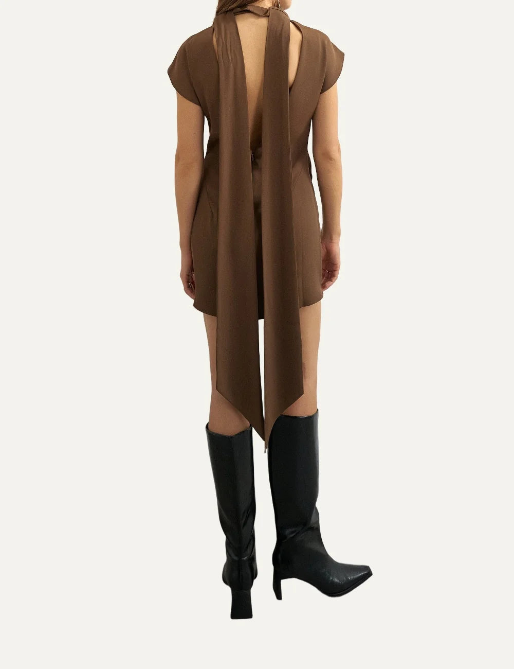 Topshop women's brown mini dress with high neckline, short sleeves, draped front and open back with scarf detail back