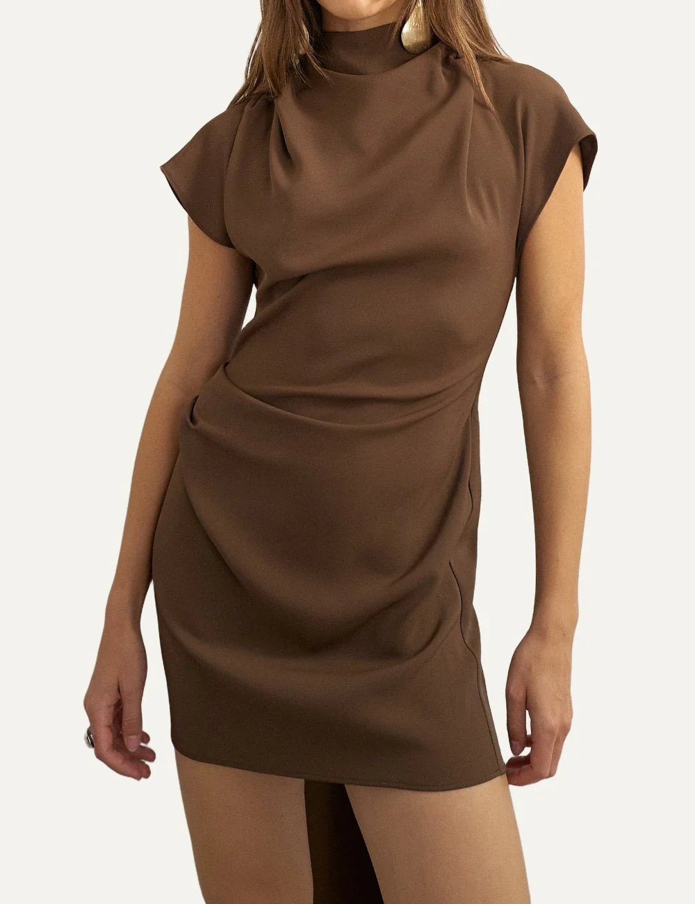 Topshop women's brown mini dress with high neckline, short sleeves, draped front and open back with scarf detail.