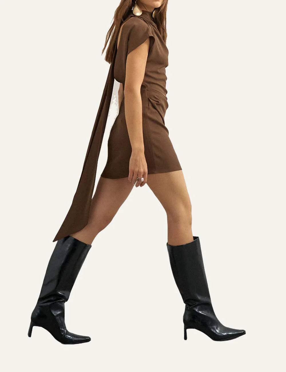 Topshop women's brown mini dress with high neckline, short sleeves, draped front and open back with scarf detail side