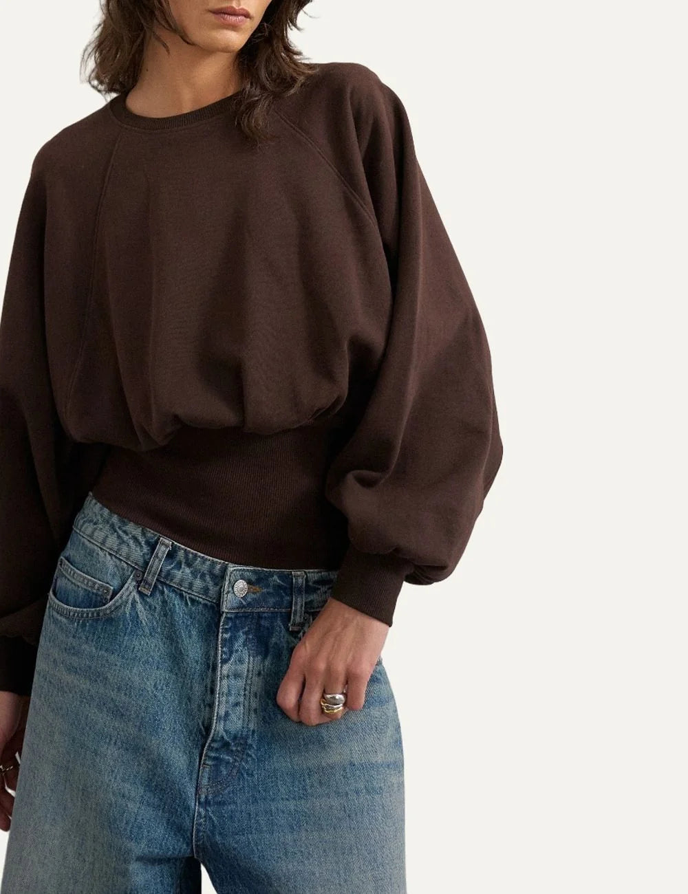 Topshop women's chocolate brown cropped sweatshirt with crew neck, balloon sleeves and wide ribbed cinched waist.