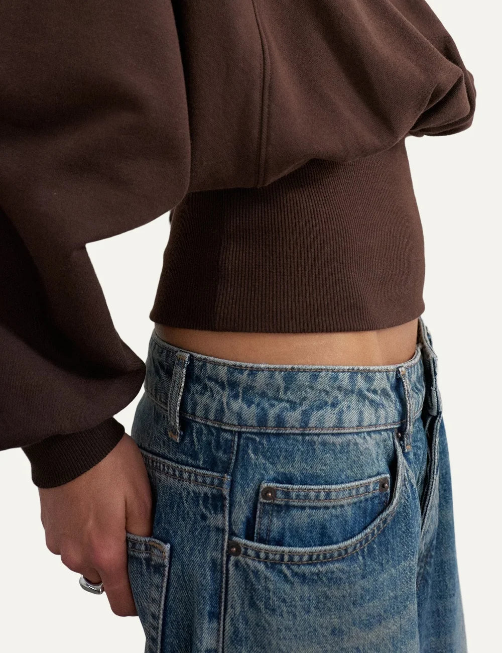 Topshop women's chocolate brown cropped sweatshirt with crew neck, balloon sleeves and wide ribbed cinched waist detail