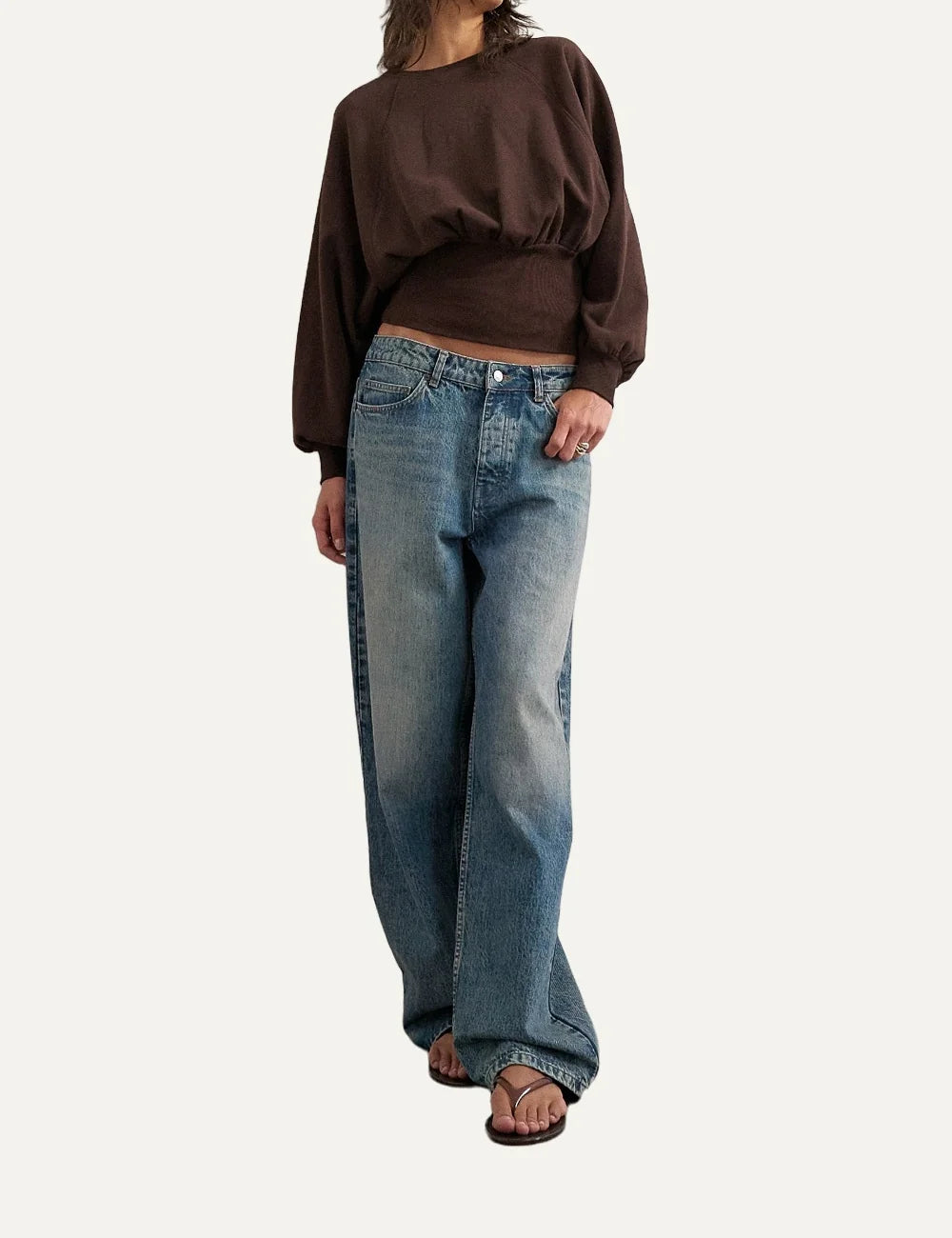 Topshop women's chocolate brown cropped sweatshirt with crew neck, balloon sleeves and wide ribbed cinched waist full body