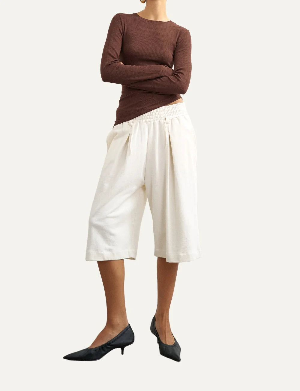 Topshop women's brown ribbed long-sleeve top with crew neck, side ruching and asymmetric hem ful body