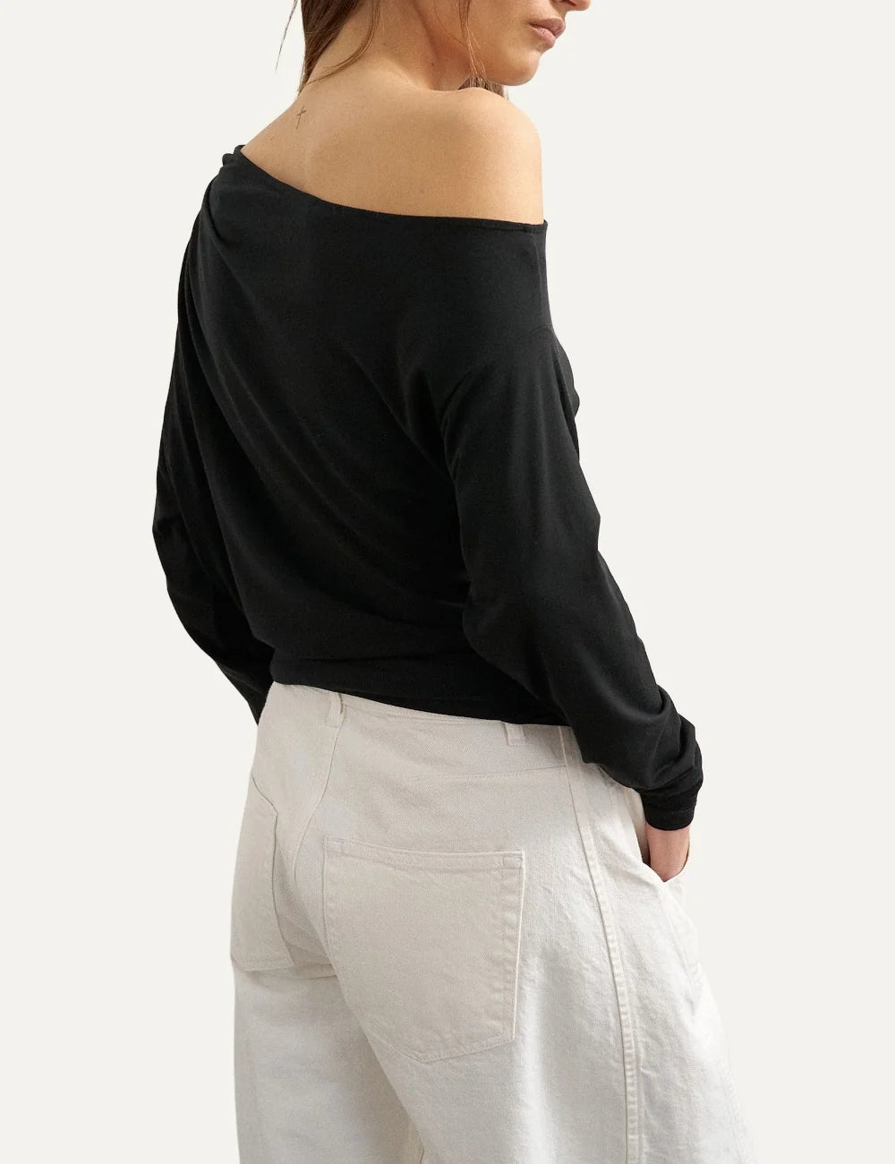 Topshop women's black off-shoulder top with long sleeves and side ruching back