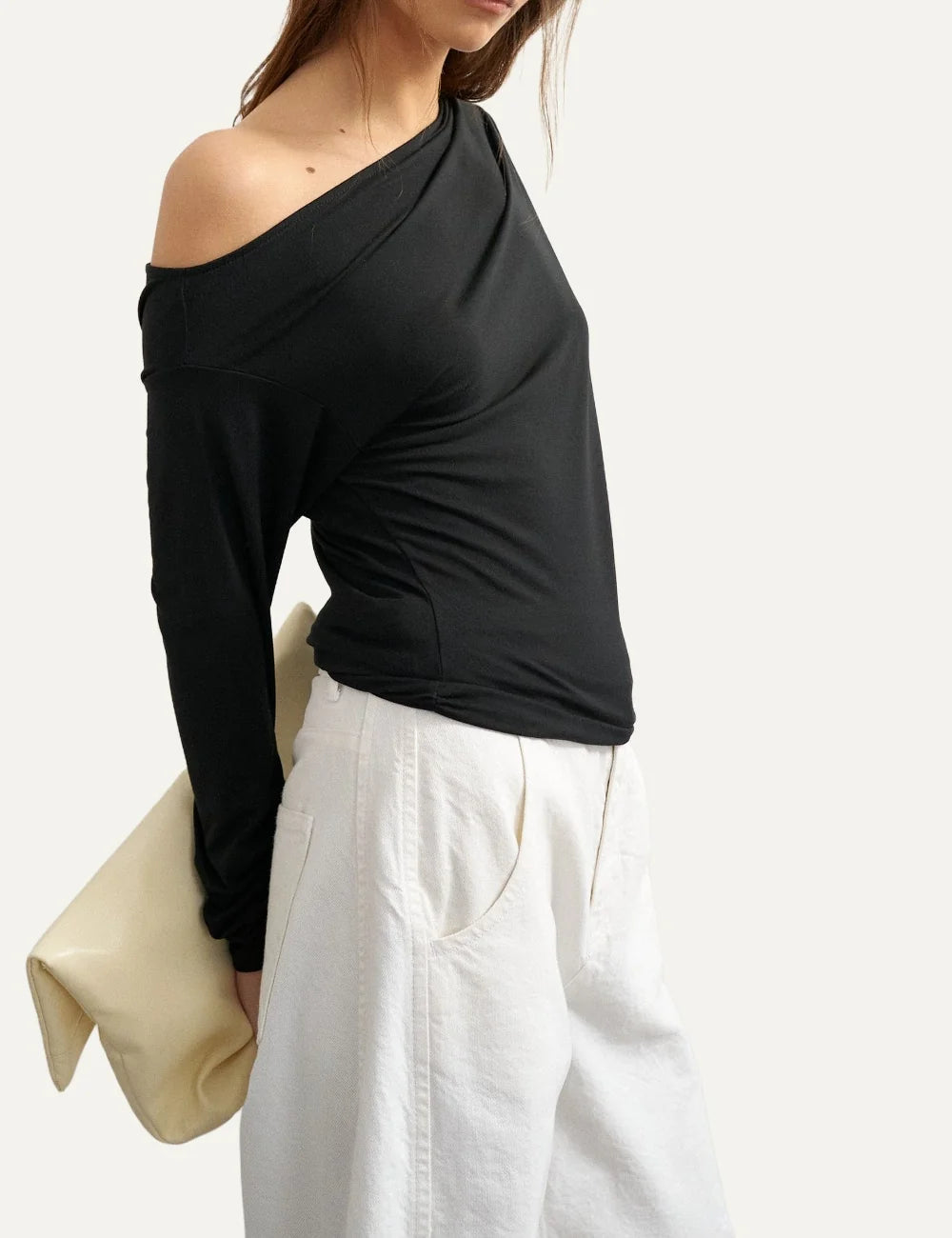 Topshop women's black off-shoulder top with long sleeves and side ruching detail