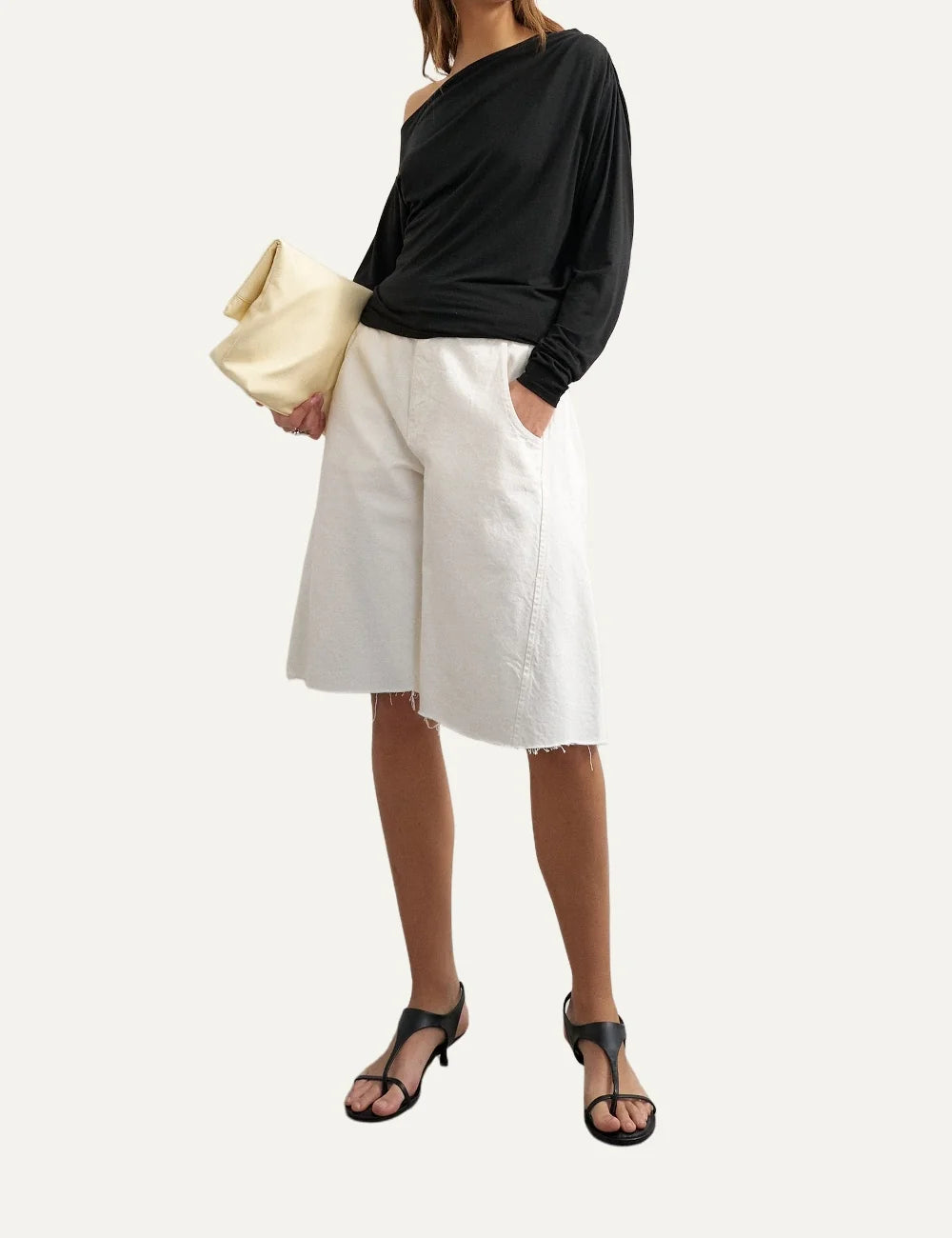 Topshop women's black off-shoulder top with long sleeves and side ruching full body