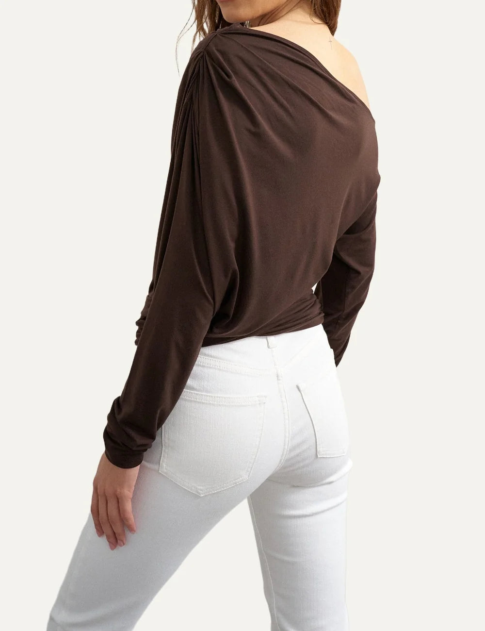 Topshop women's dark brown off-shoulder top with long sleeves and draped ruched front back