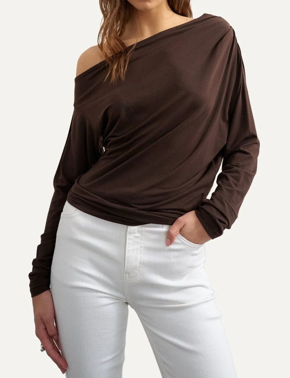 Topshop women's dark brown off-shoulder top with long sleeves and draped ruched front.
