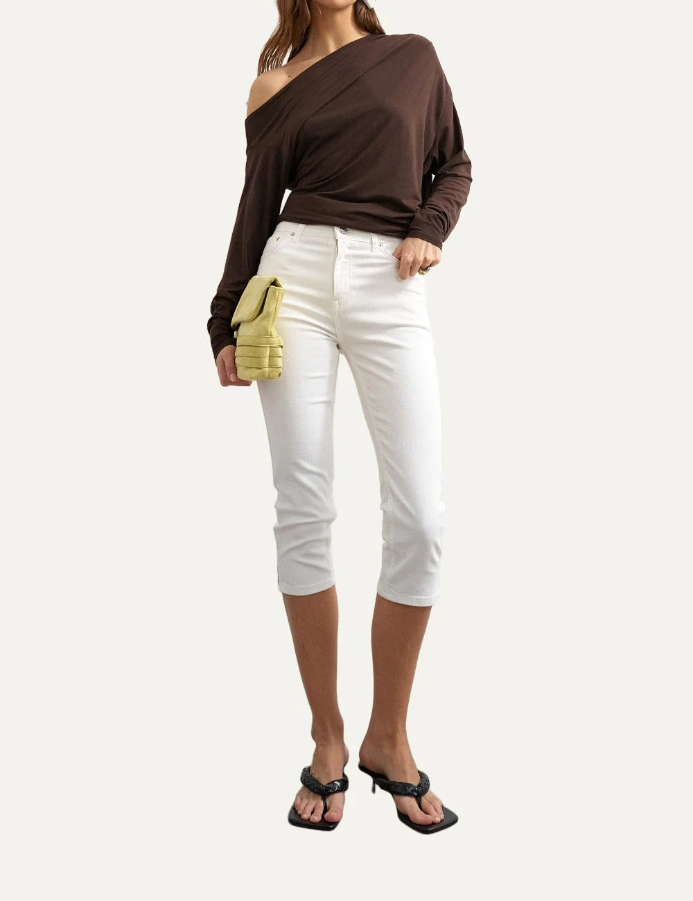 Topshop women's dark brown off-shoulder top with long sleeves and draped ruched front full body