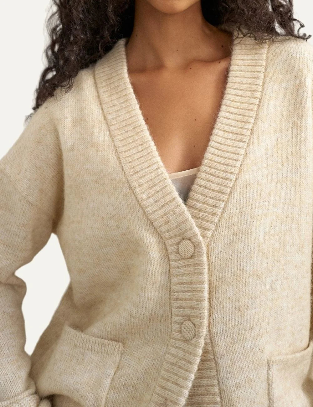 Topshop women's light beige knitted cardigan with V-neck, button fastening, front patch pockets and ribbed trims detail