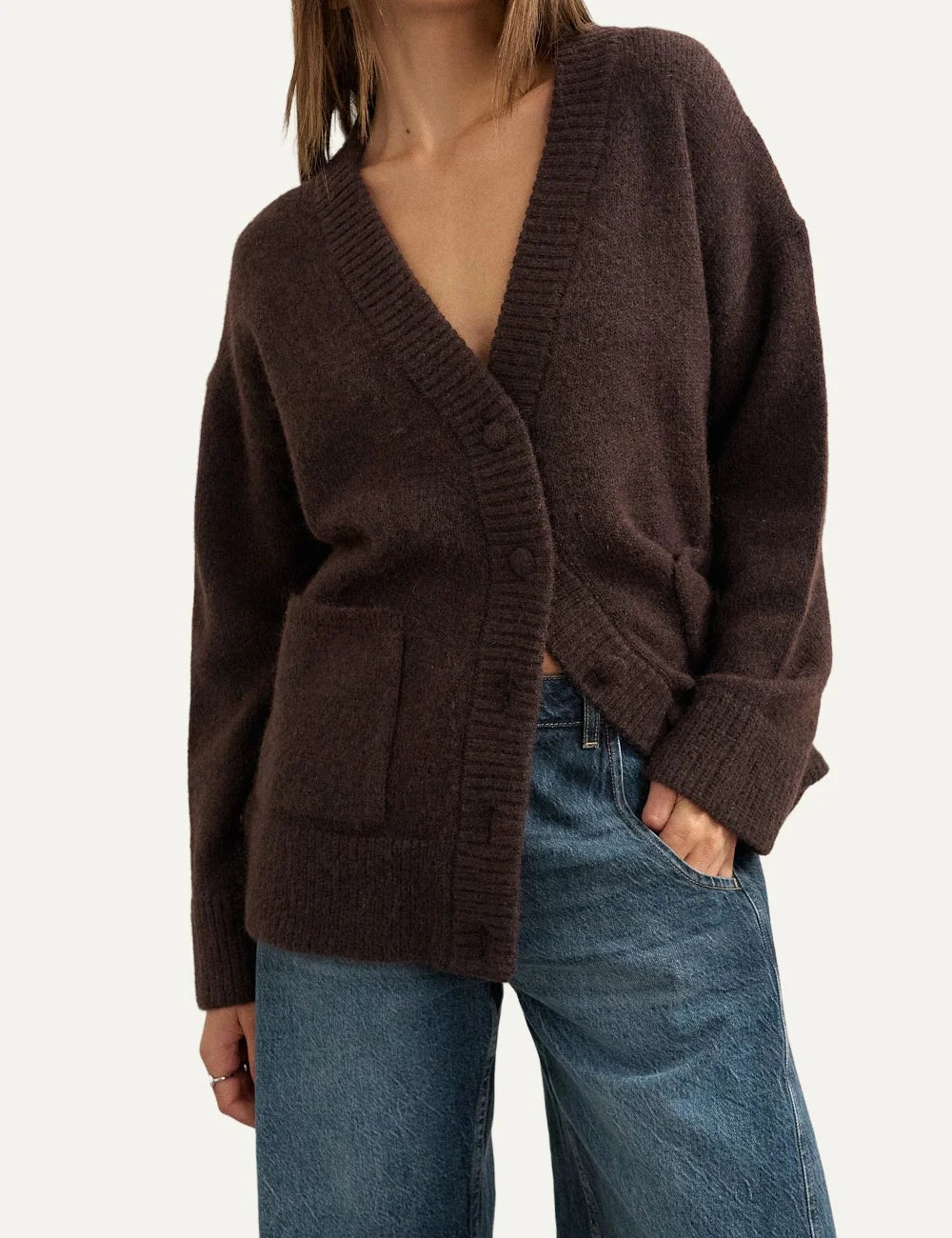 Topshop women's dark brown knitted cardigan with V-neck, button fastening, patch pockets and ribbed trims.