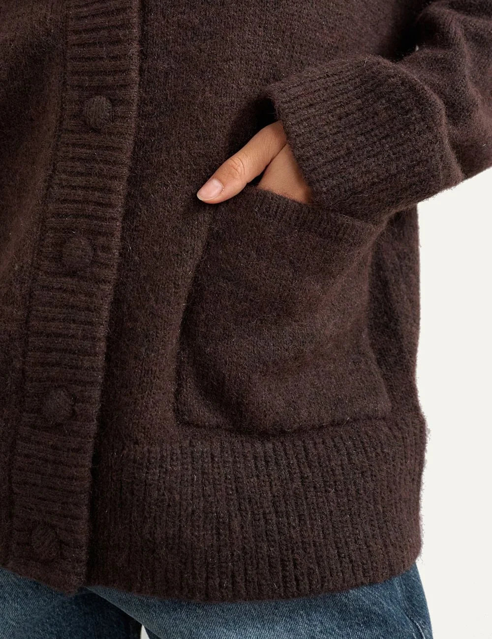 Topshop women's dark brown knitted cardigan with V-neck, button fastening, patch pockets and ribbed trims pocket