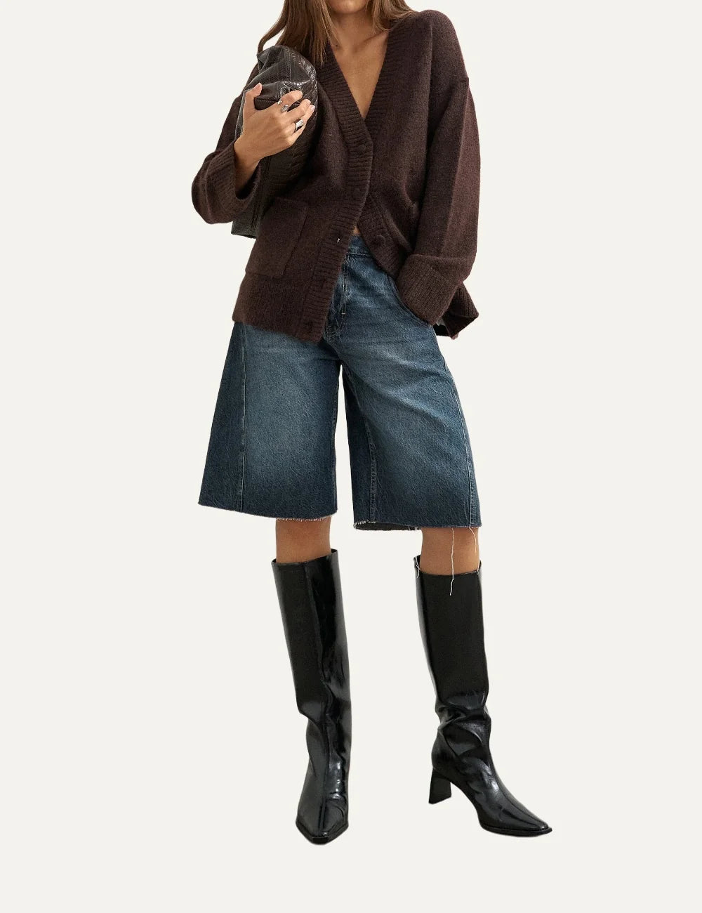 Topshop women's dark brown knitted cardigan with V-neck, button fastening, patch pockets and ribbed trims full body