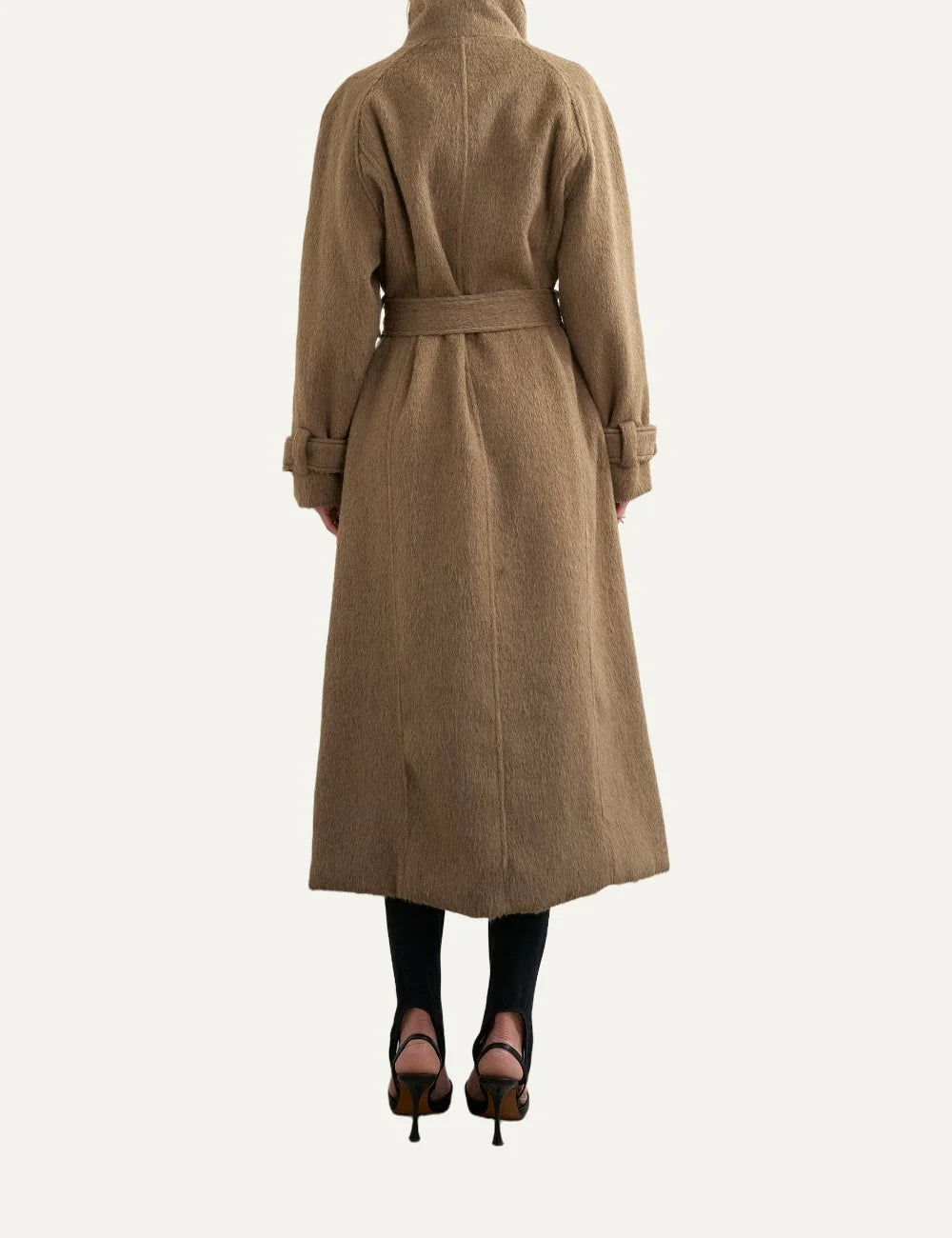 Topshop women's brown long coat with high stand collar, button fastening, tie waist belt and front pockets back