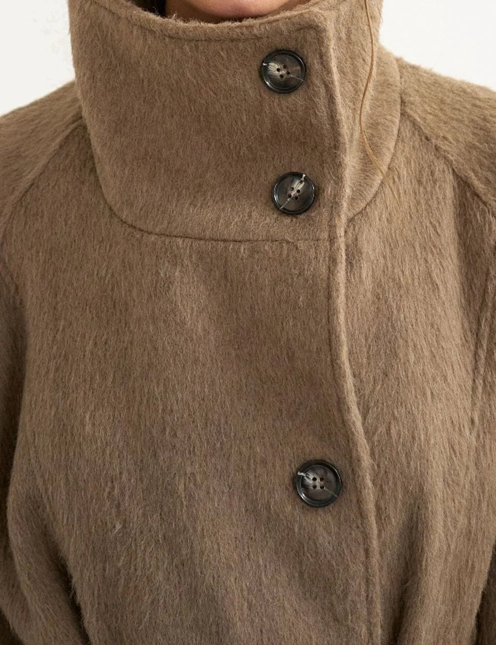 Topshop women's brown long coat with high stand collar, button fastening, tie waist belt and front pockets detail