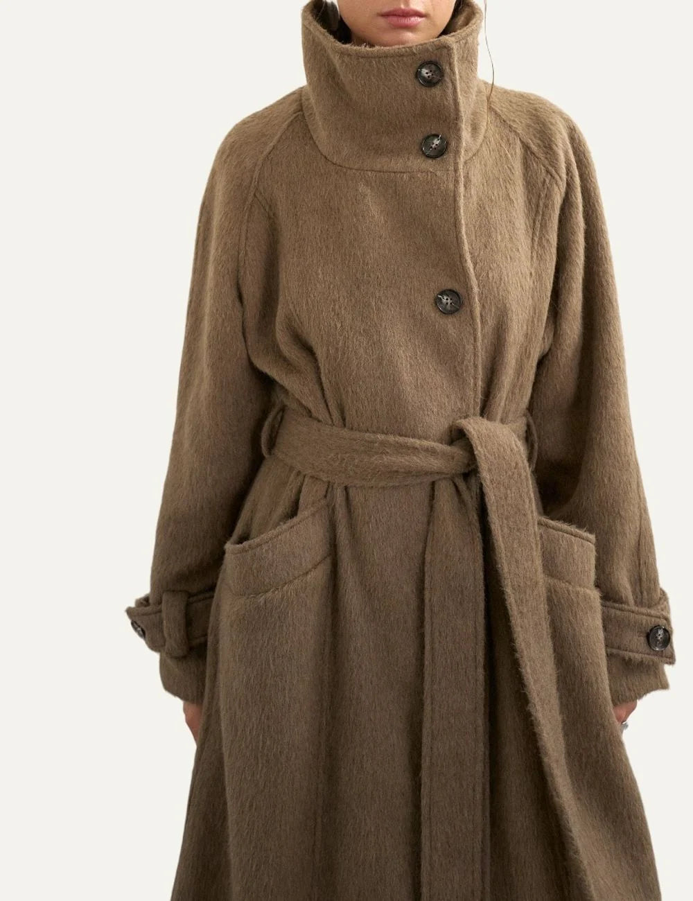 Topshop women's brown long coat with high stand collar, button fastening, tie waist belt and front pockets model