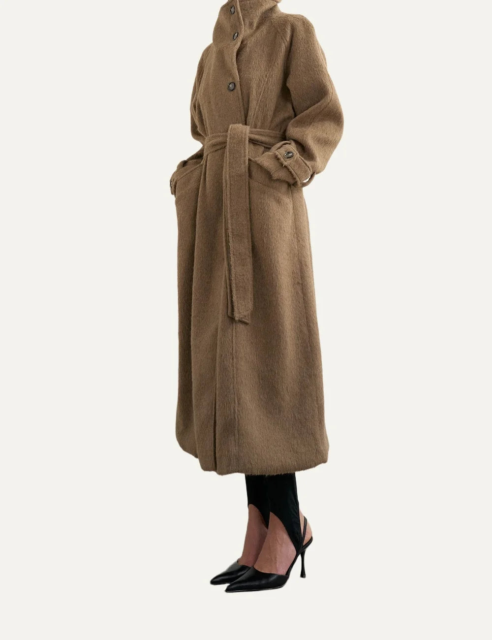 Topshop women's brown long coat with high stand collar, button fastening, tie waist belt and front pockets.