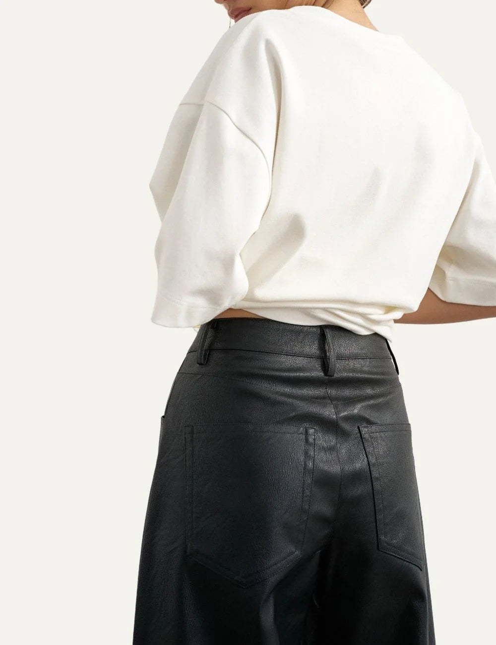 Topshop women's black faux leather barrel trousers with high waist, curved legs and front pockets back detail