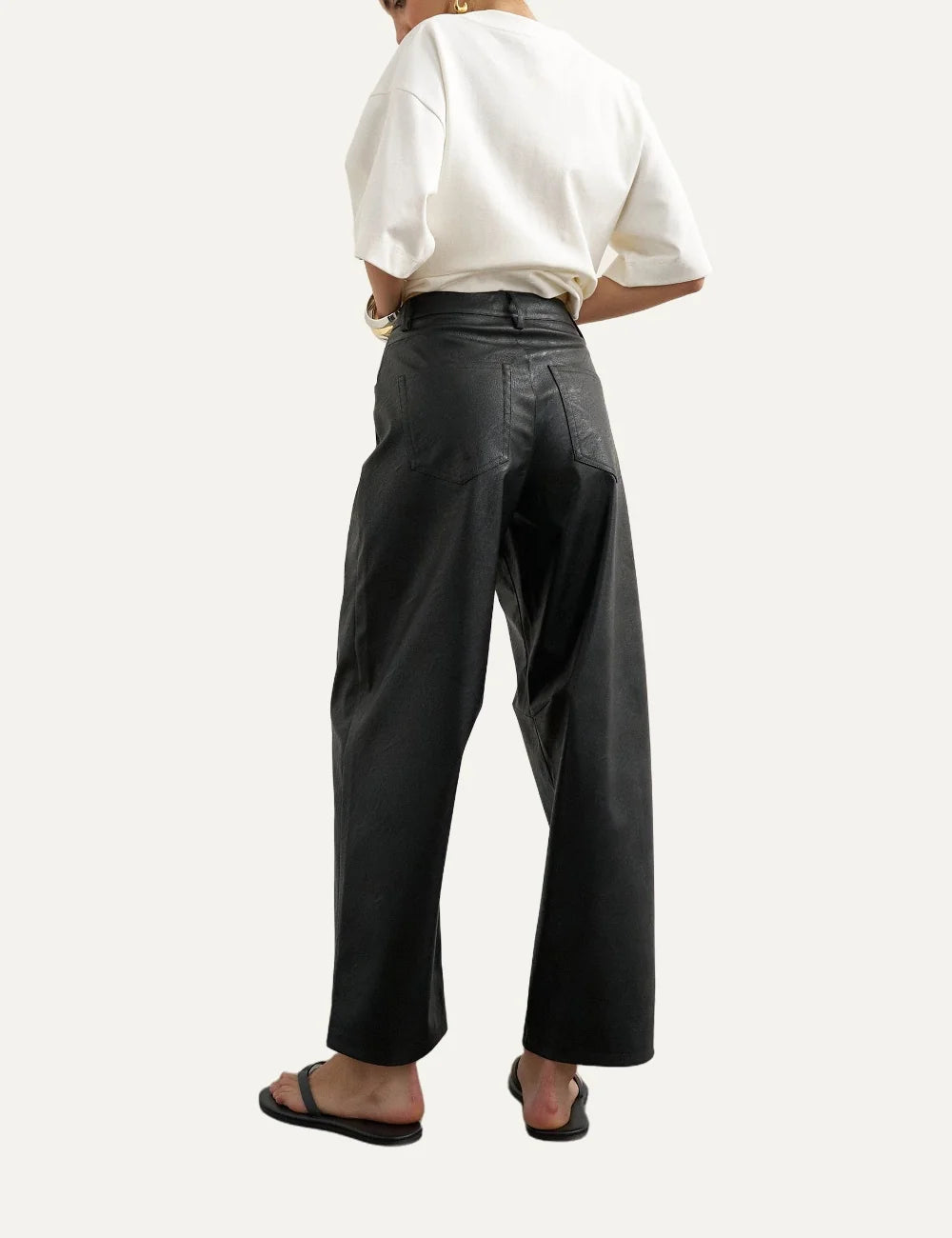 Topshop women's black faux leather barrel trousers with high waist, curved legs and front pockets back