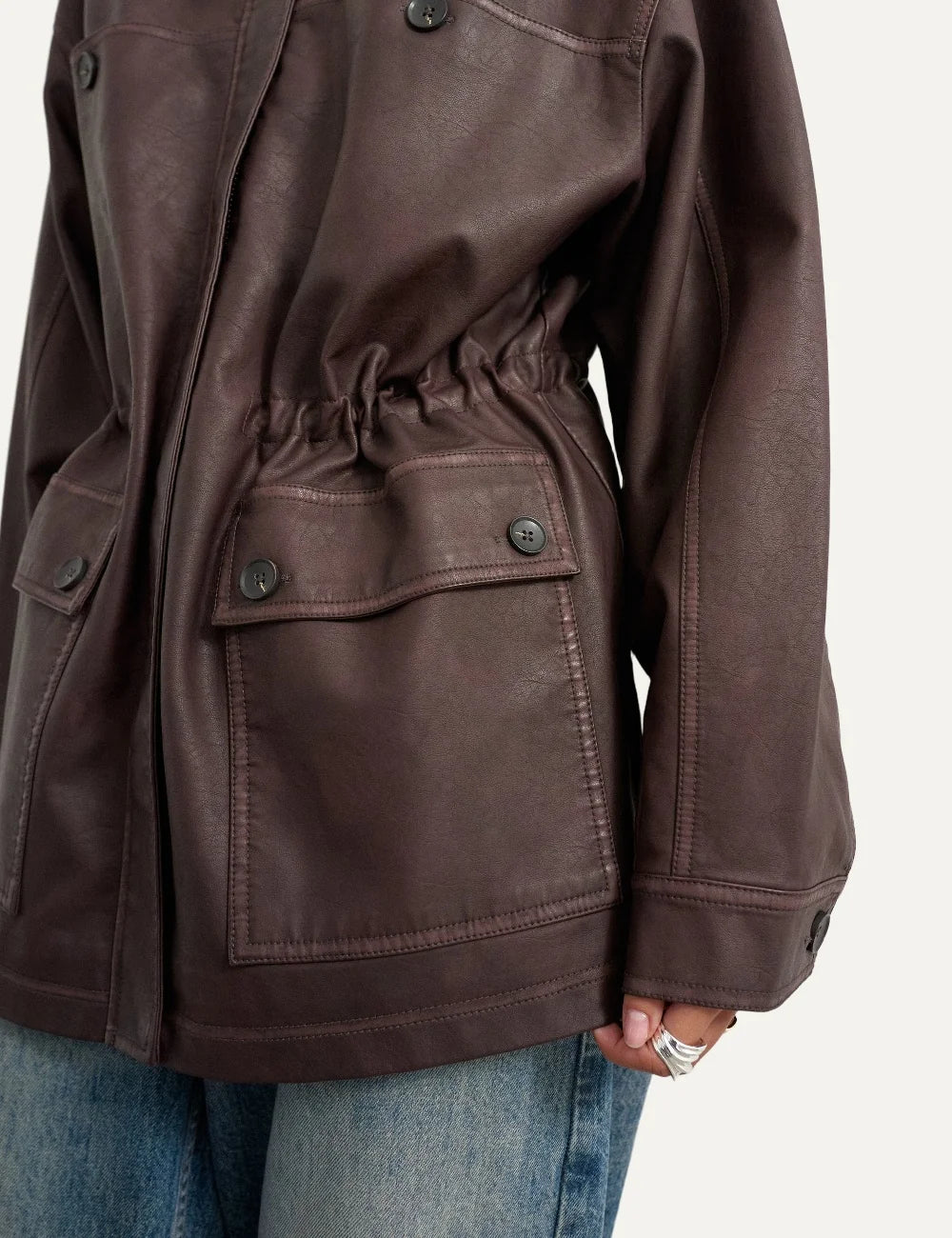 Topshop women's dark brown faux leather jacket with pointed collar, cinched waist and front flap pockets detail