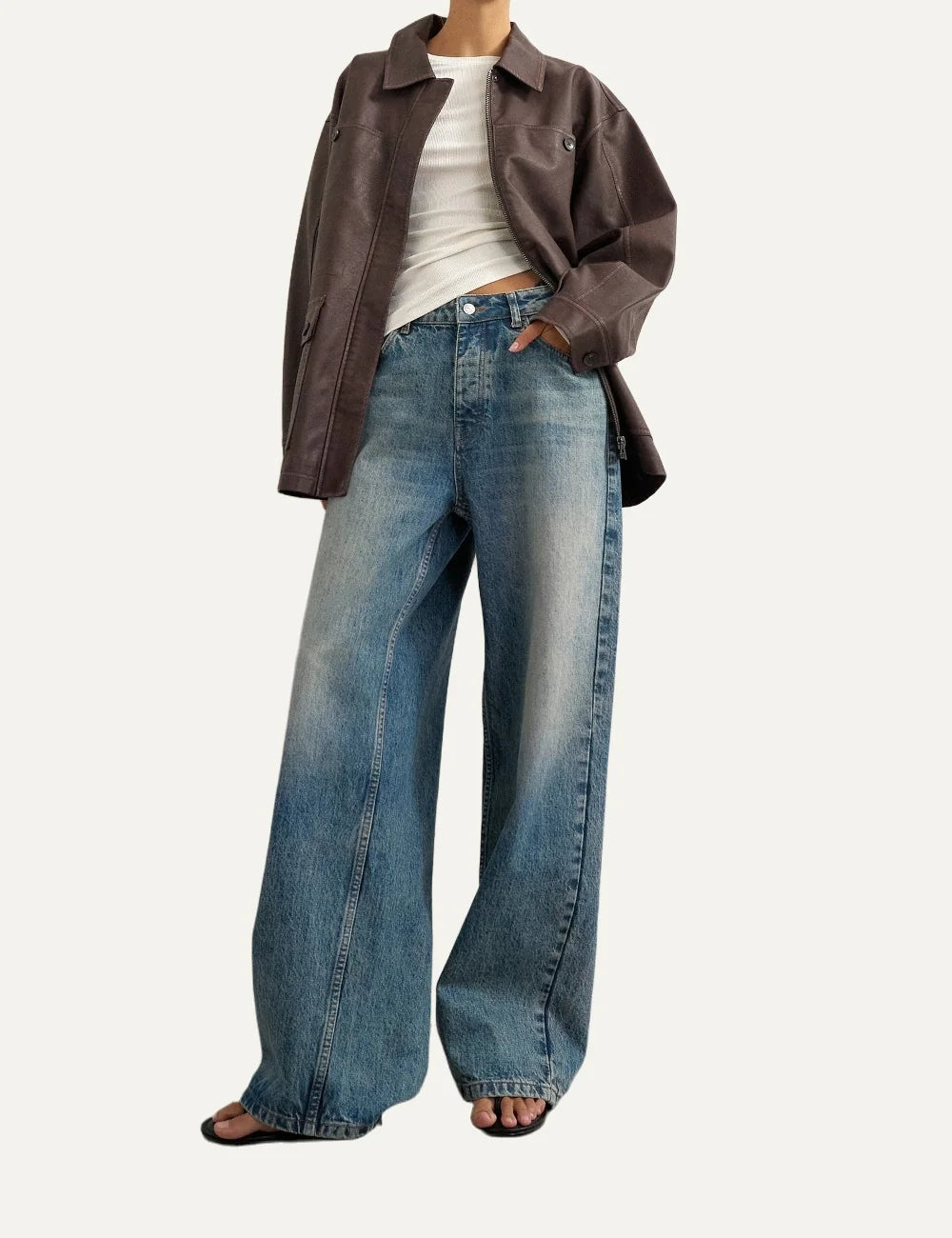 Topshop women's dark brown faux leather jacket with pointed collar, cinched waist and front flap pockets ful body
