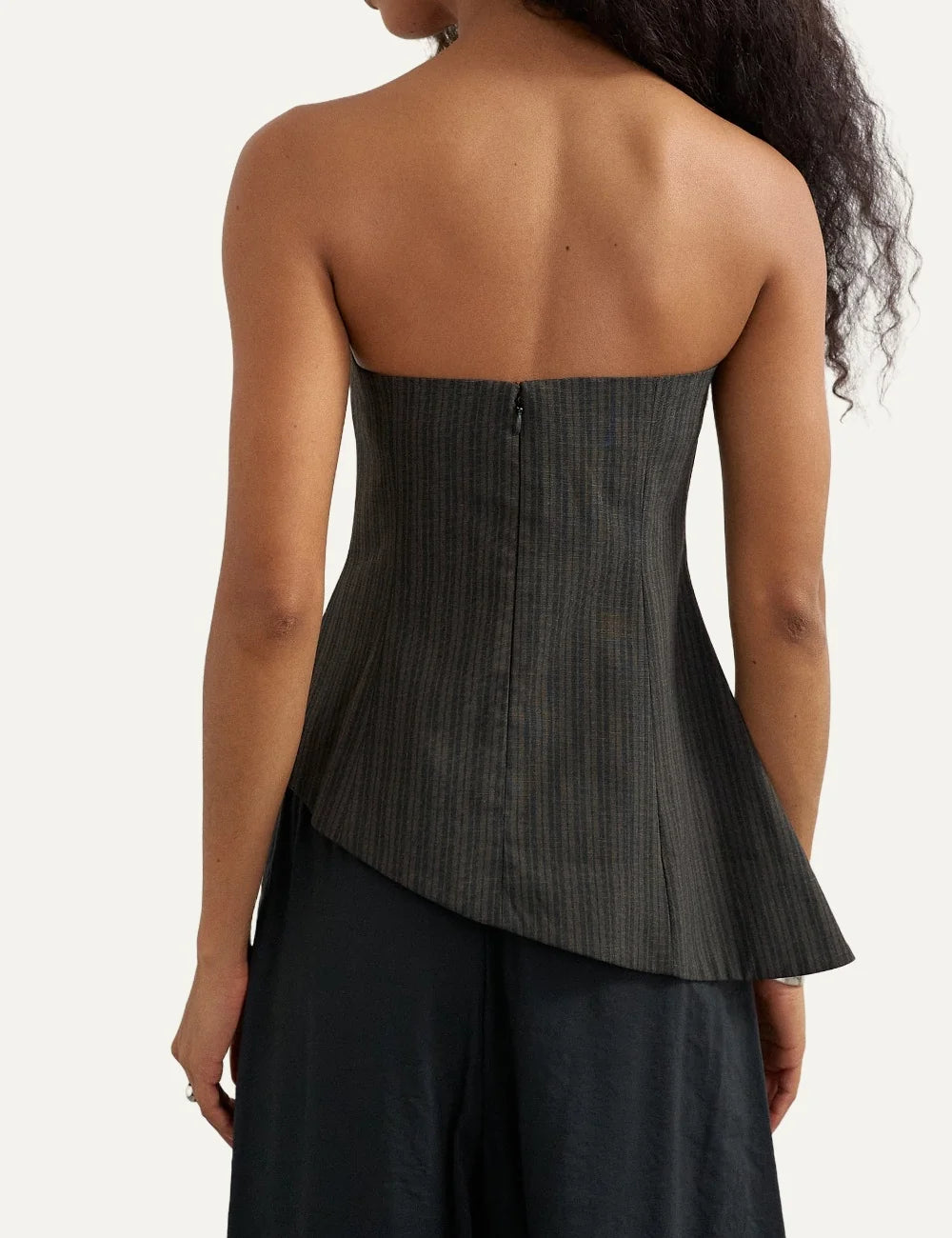 Topshop women's brown pinstripe strapless bandeau top with front pleats and asymmetric hem back
