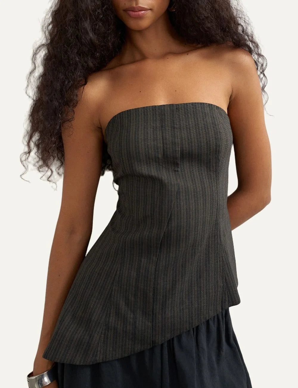 Topshop women's brown pinstripe strapless bandeau top with front pleats and asymmetric hem.