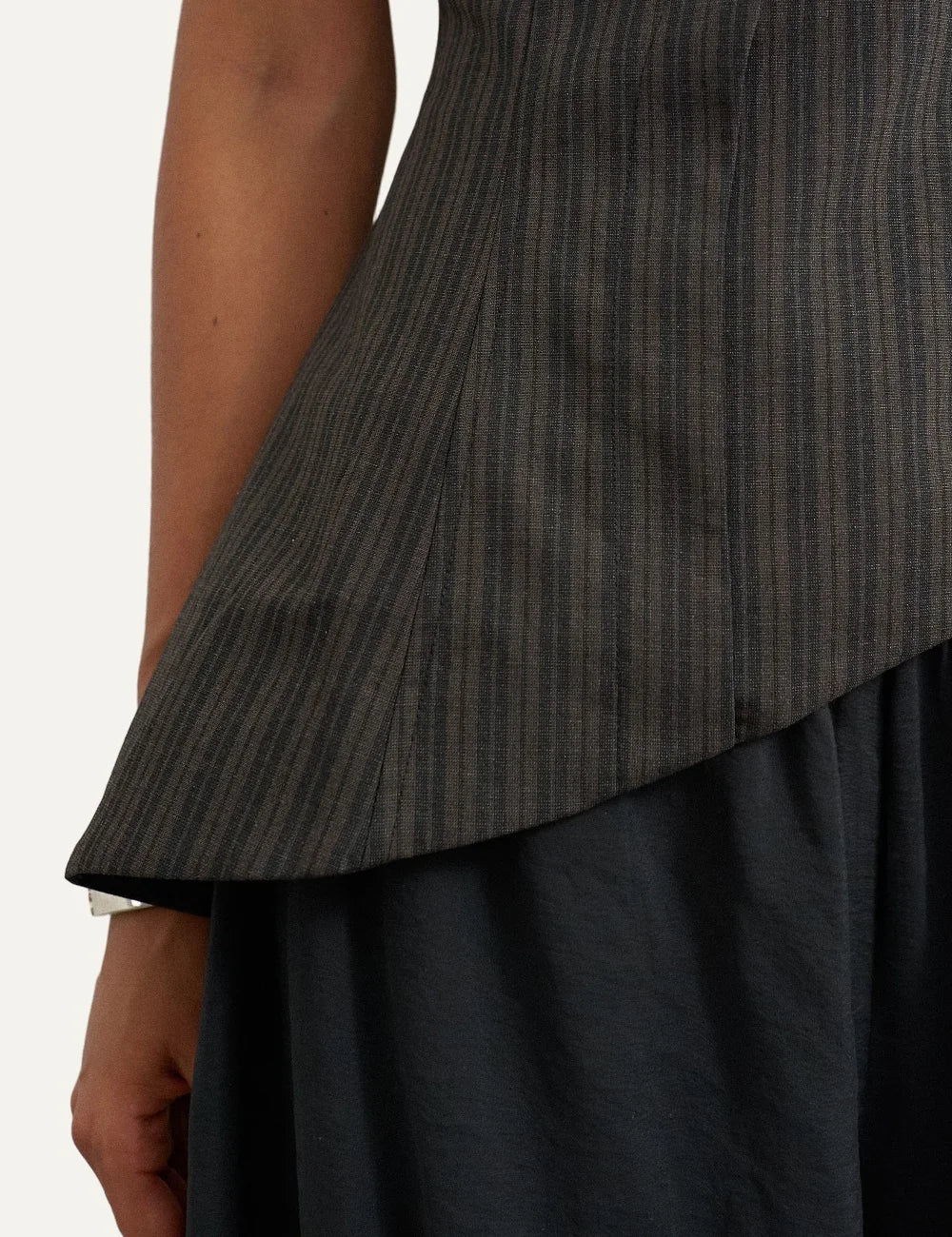 Topshop women's brown pinstripe strapless bandeau top with front pleats and asymmetric hem detail