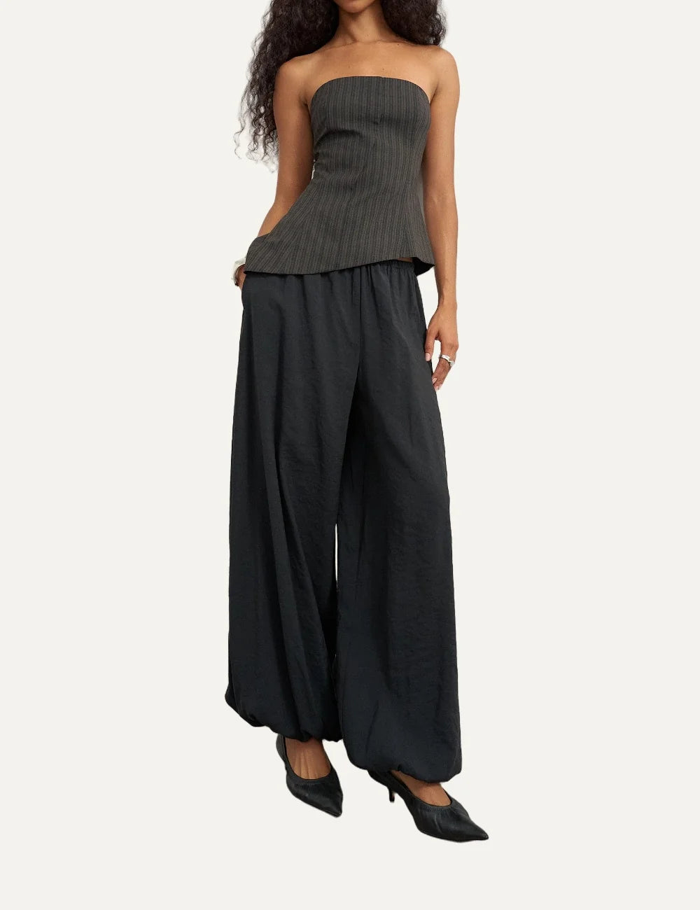 Topshop women's brown pinstripe strapless bandeau top with front pleats and asymmetric hem full body