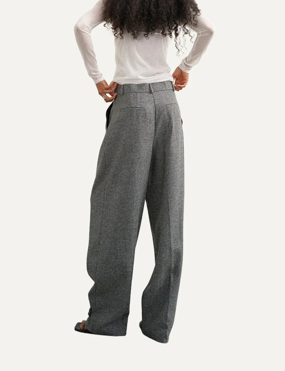 Topshop women's grey wide-leg tailored trousers with front pleats and buttoned hems back