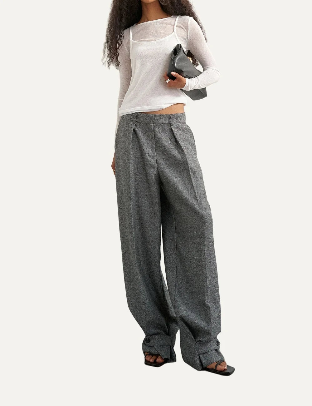 Topshop women's grey wide-leg tailored trousers with front pleats and buttoned hems full body