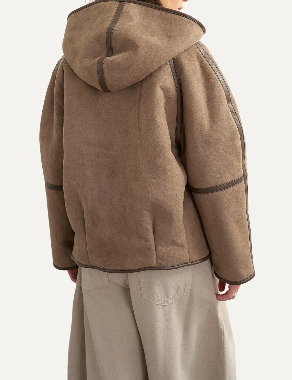 Topshop women's brown suede-effect hooded jacket with cream shearling lining, contrast trims and toggle fastenings back