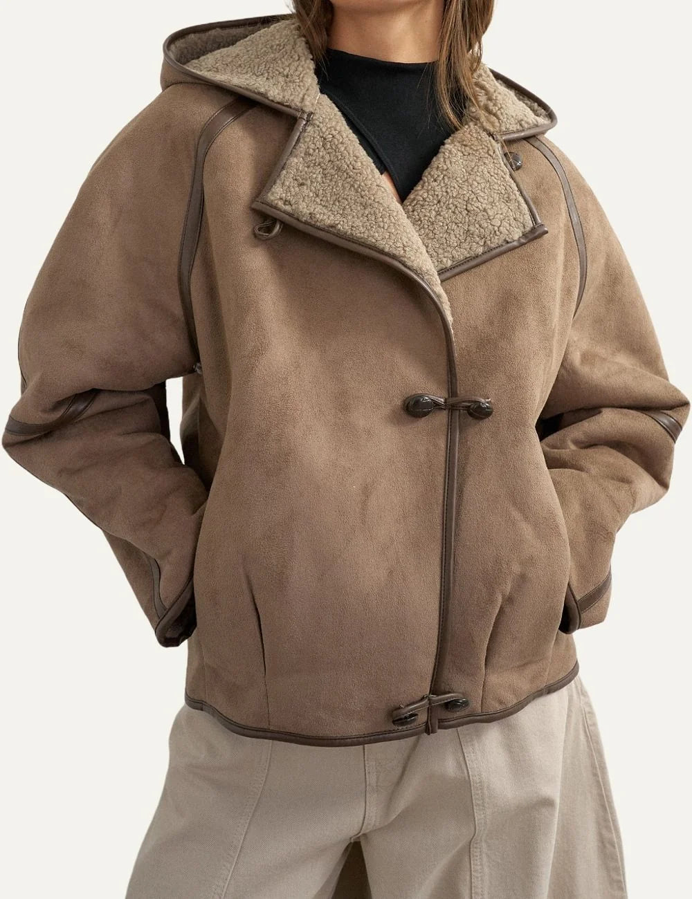 Topshop women's brown suede-effect hooded jacket with cream shearling lining, contrast trims and toggle fastenings.