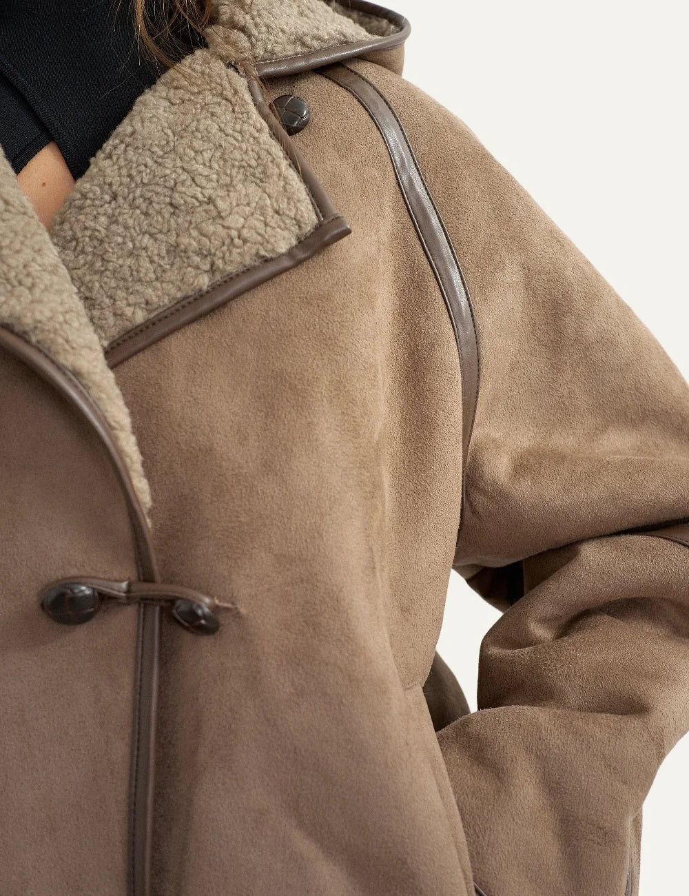 Topshop women's brown suede-effect hooded jacket with cream shearling lining, contrast trims and toggle fastenings detail
