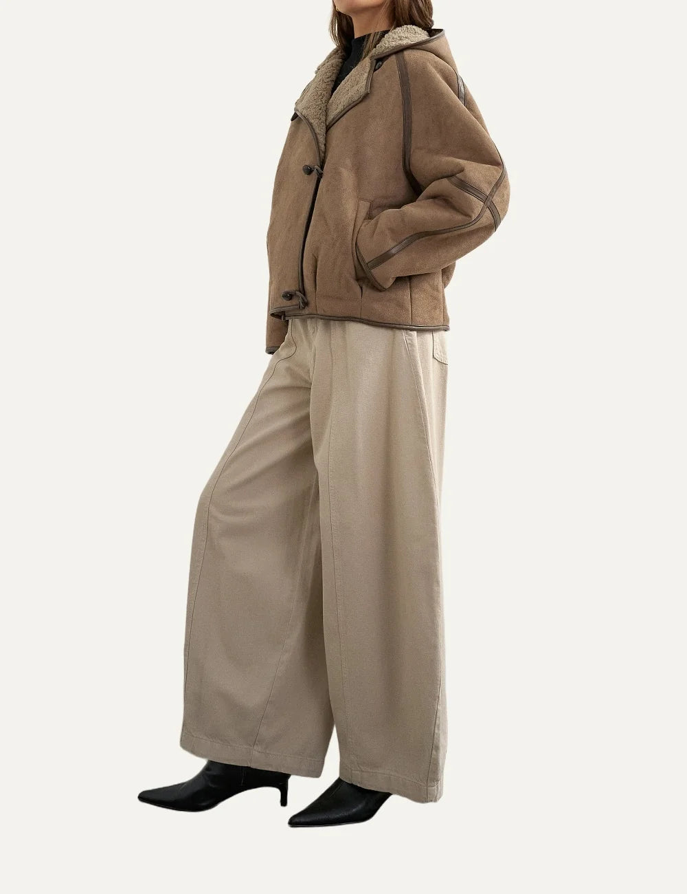 Topshop women's brown suede-effect hooded jacket with cream shearling lining, contrast trims and toggle fastenings full body