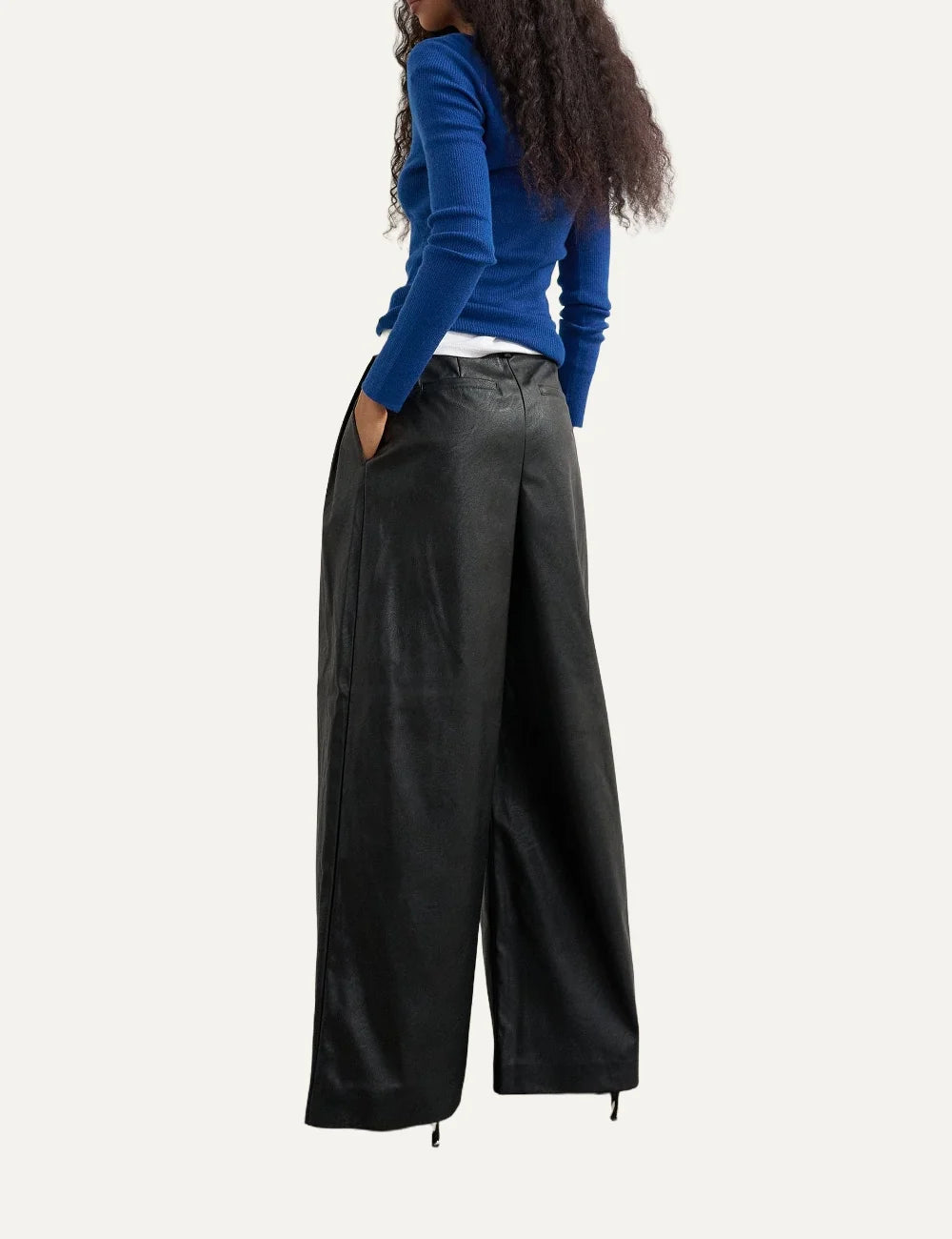 Topshop women's black coated wide-leg trousers with leather-look finish and front pleats back
